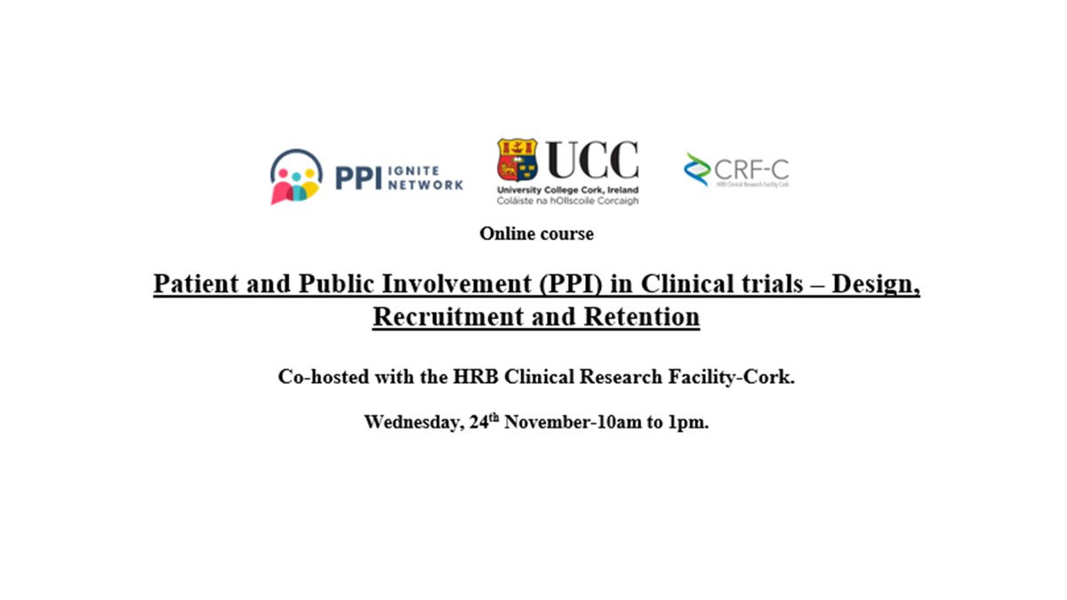 Would you like to learn more about #PPI in #clinicaltrials? We still have some places left on the course⬇️next Wed, 24th Nov !

Register here: bit.ly/3x0x8go

Course will be delivered by @carol_porteous from <a href="/EdinburghCRF/">EdinburghCRF 💙</a> and co-hosted by <a href="/PPI_Ignite_UCC/">PPI Ignite Network @ UCC</a> &amp; @CRF_CORK.