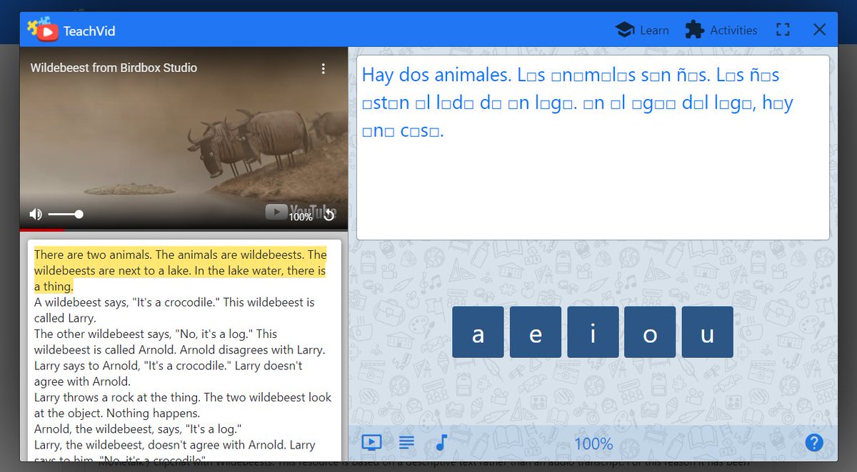 teach_vid's tweet image. 🇪🇸 Wildebeest / Gnus #movietalk
Vowels 100 activity with #ParallelText
teachvid.com/resource/8BED8…