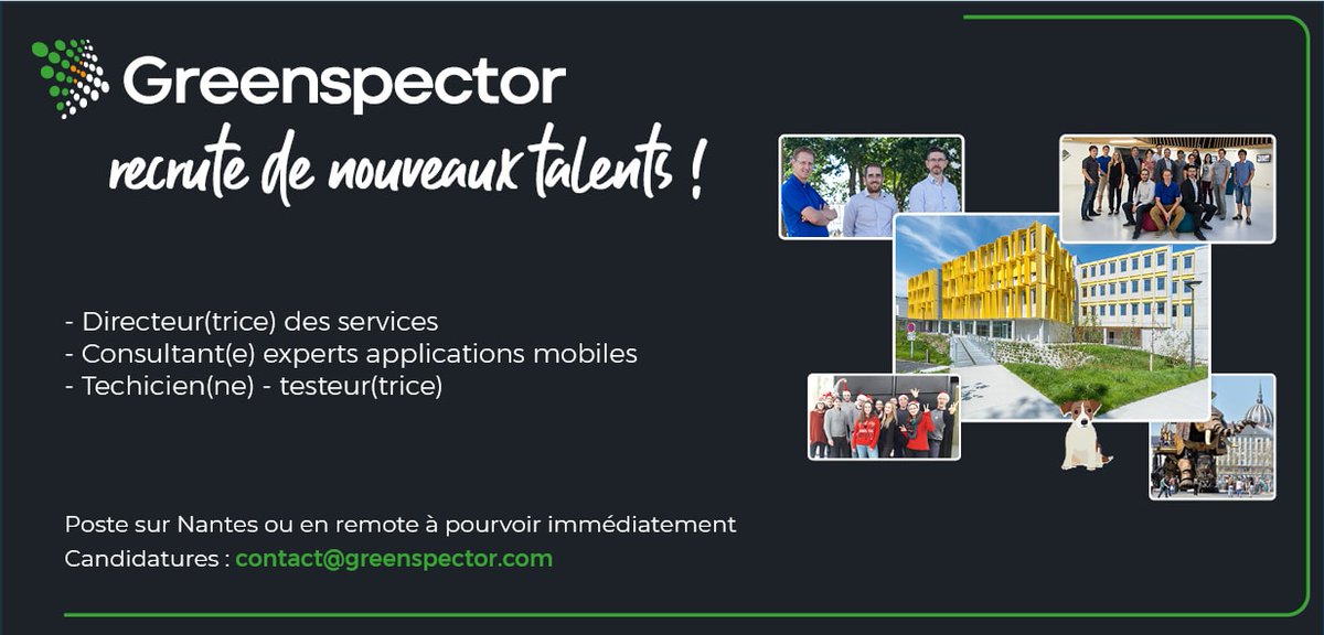 Green_spector's tweet photo. ✨@Green_spector recrute de nouveaux talents🌍

- 1 Directeur(trice) des services
- 1 Consultant(e) expert en applications mobiles
- 1 Technicien(ne) - testeur(euse)

📍Postes à pourvoir sur #Nantes ou en #télétravail
Plus d'informations ➡https://t.co/LM2iiFPHCo #Recrutement https://t.co/I4EmY7BhDD