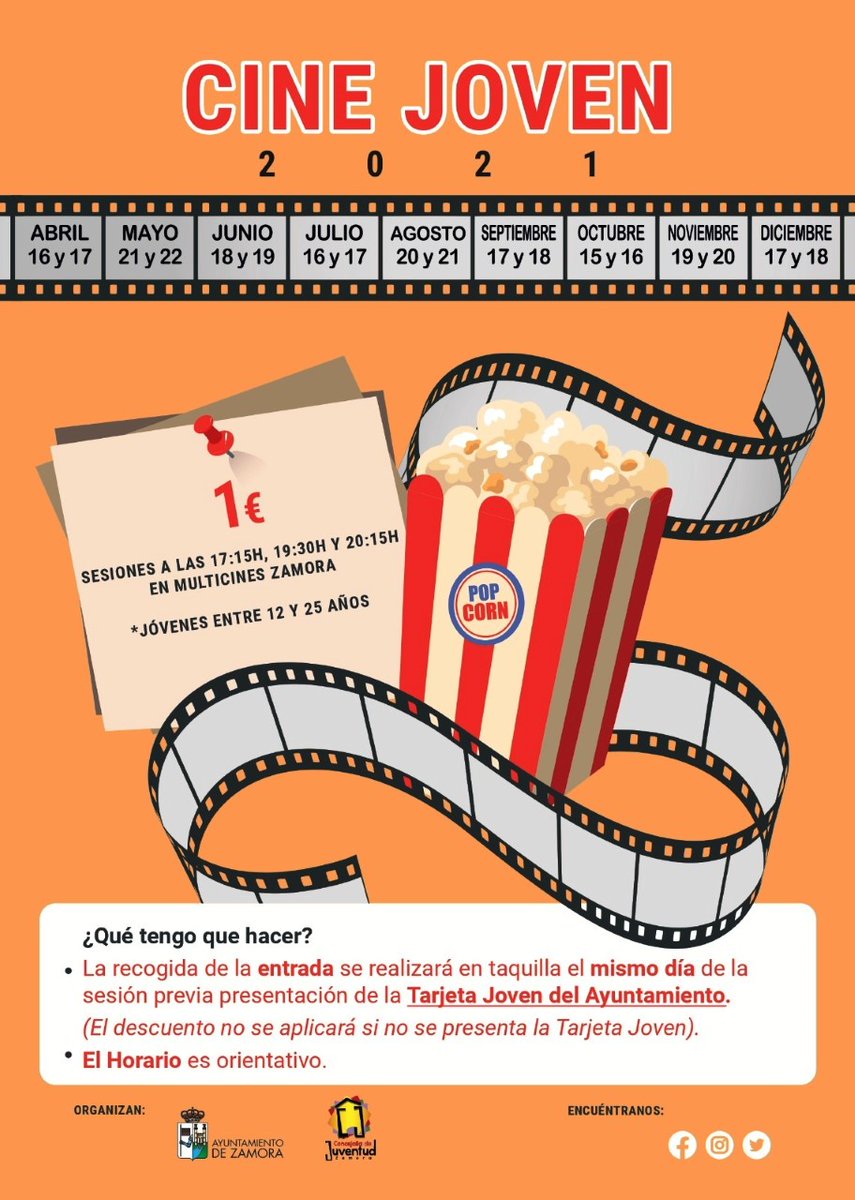 Los jóvenes podrán asistir al cine este fin de semana al precio de 1 euro, gracias a la Tarjeta Joven del Ayto.

Además, la Tarjeta Joven permite acceder a descuentos en el Teatro Principal, las Escuelas Deportivas y algunos establecimientos comerciales.

zamora.es/noticia.aspx?i…
