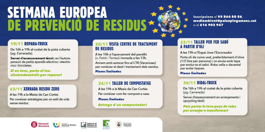 palauplegamans's tweet photo. 🔶 Avui comença la Setmana Europea de Prevenció de Residus.

📝 Consulta a la imatge d'aquest post tots els actes programats.

✍🏼 Inscripcions:
💻 mediambient@palauplegamans.cat 
📞 93 864 80 56
📱 616 902 947 https://t.co/Qbe9deX69Y