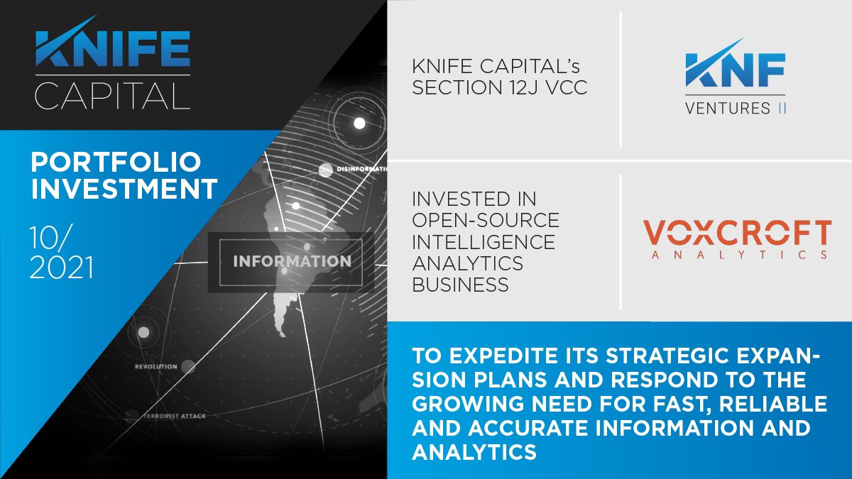 Team @KnifeCap is so excited to announce our $2m Series-A investment in @VoxCroft! ~ A global leader in open-source intelligence and risk analytics through AI to discover unique data points and critical patterns for reliable information and analysis. 🍾🙏🏻