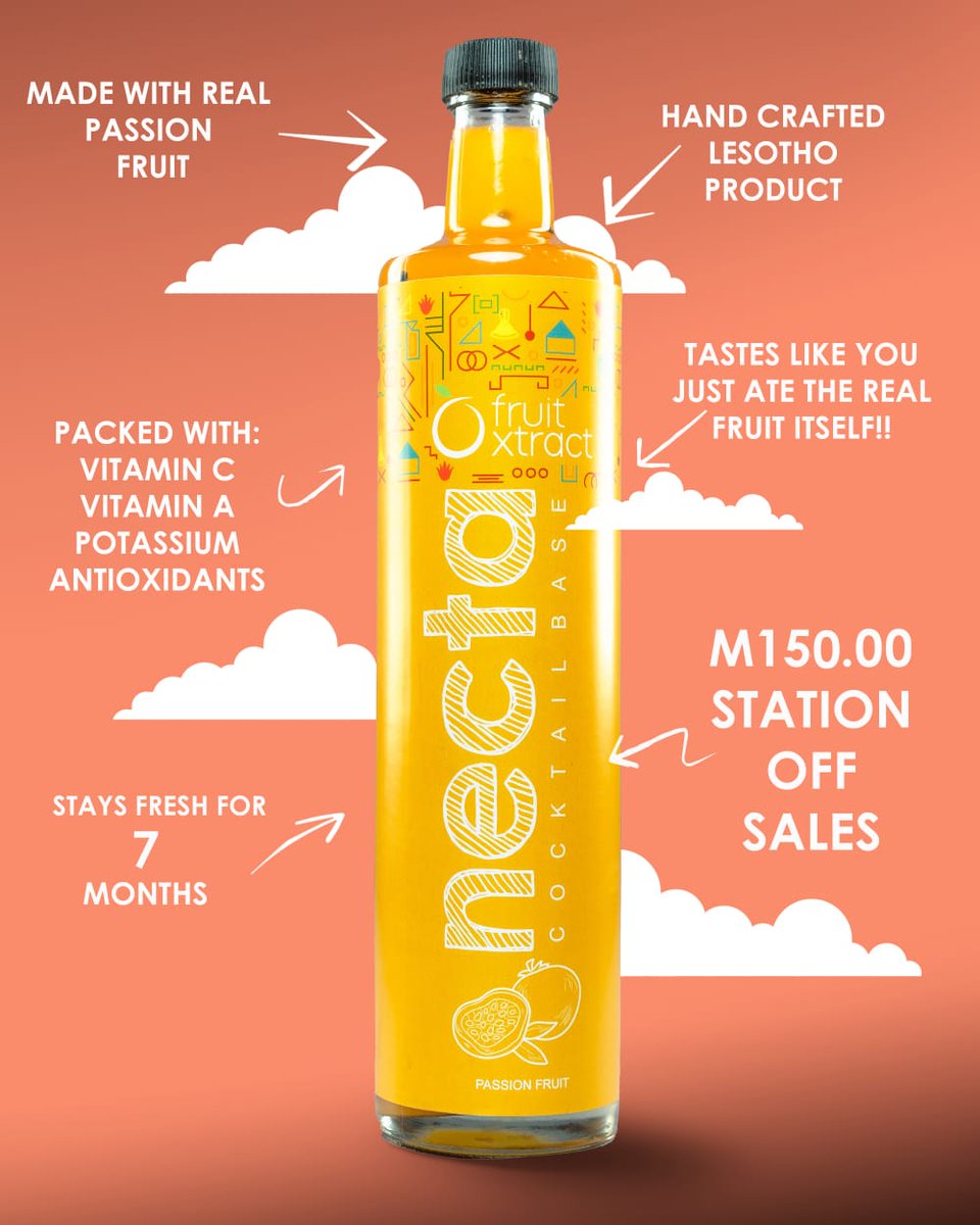 Our Passion Fruit Cocktail Base is handcrafted in small batches with only the finest ingredients. Our products are mindfully packaged using eco-friendly glass bottles in our ongoing effort to support sustainability. Find our syrups at Station Off Sales Maseru Lesotho. #lstwitter