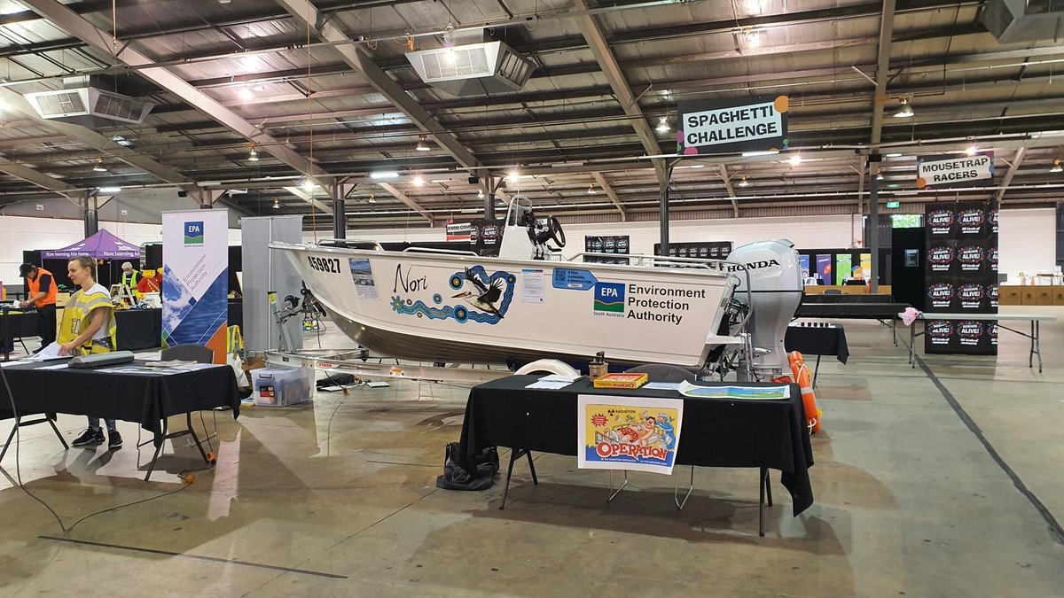 SA_EPA's tweet photo. We're at #AdelaideShowground setting up for #ScienceAlive with the new #SA_EPA boat Nori. If you're at the event over the weekend, come and say hi to our team! https://t.co/dTa3139n4c