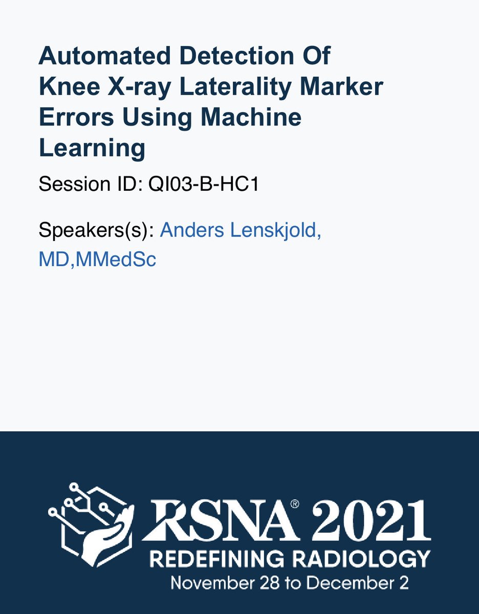 Our great colleague <a href="/CathalWhite3/">Cathal White</a> who will be attending #RSNA21 shared his top 6 sessions to attend at <a href="/RSNA/">RSNA</a>: 
1. "Automated Detection of Knee X-ray Laterality Marker Errors using Machine Learning". Presented by Anders Lenskjold from Bispebjerg Hospital. Session ID QI03-B-HC1