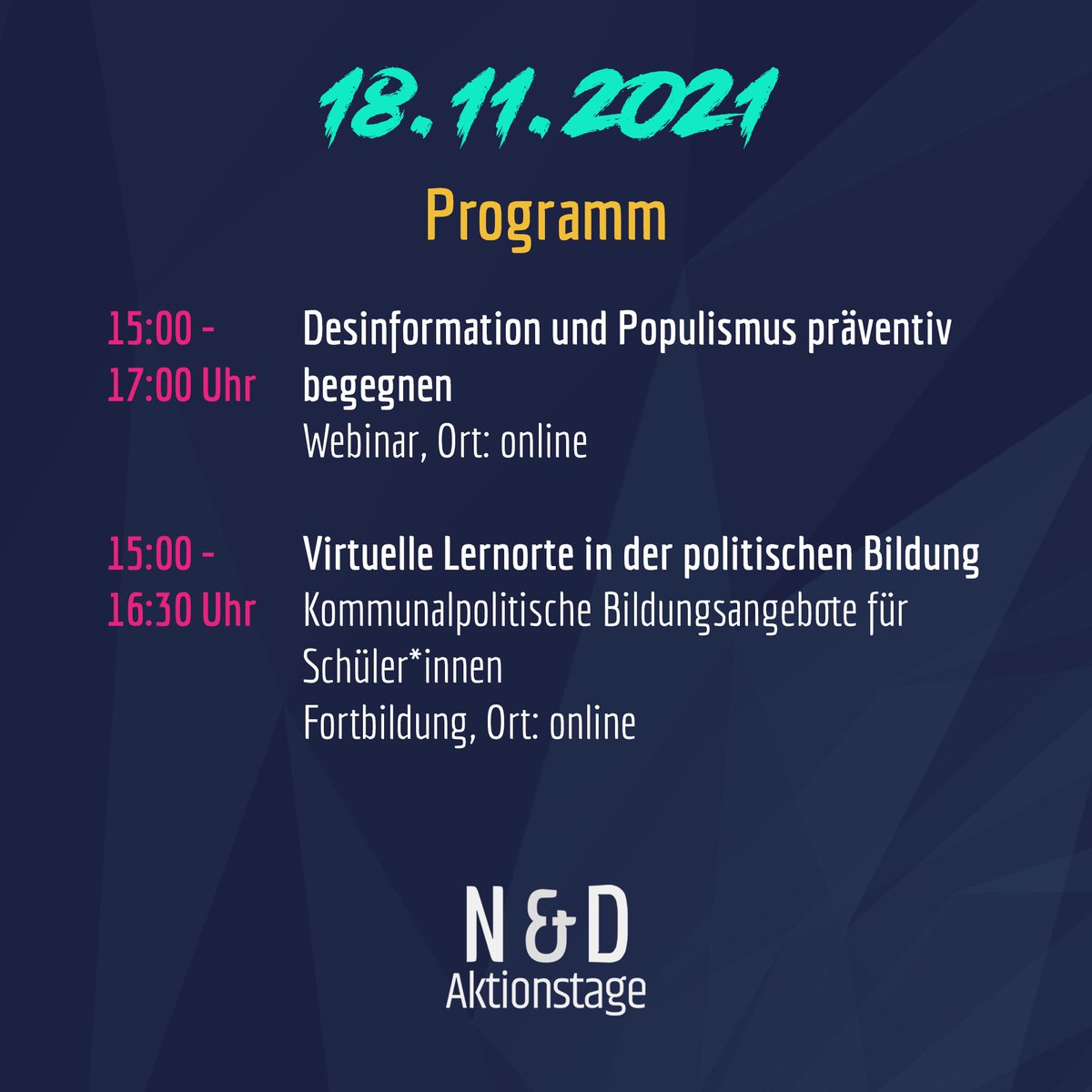 4⃣Halbzeit für die Aktionstage Netzpolitik &amp; Demokratie 20214⃣ 
🎯Tagesthemen sind u.a.: #Medienbildung, #Verschwörungsmythen, #hatespeech, #desinformation und ihre Auswirkungen, #virtuelle Lernorte, #digitale #Demokratie, #Nachhaltigkeit, #Diskriminierung durch #KI und #cookies