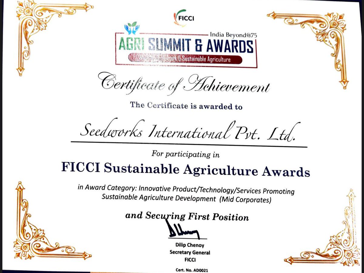 Happy to announce that SeedWorks participated in FICCI Sustainable Agriculture Awards in the category: Innovative, Product/Technology/Services Promoting Sustainable Agriculture Development (Mid Corporates) and secured the first position
#SeedWorks #seedthatworks #proudlyseedworks