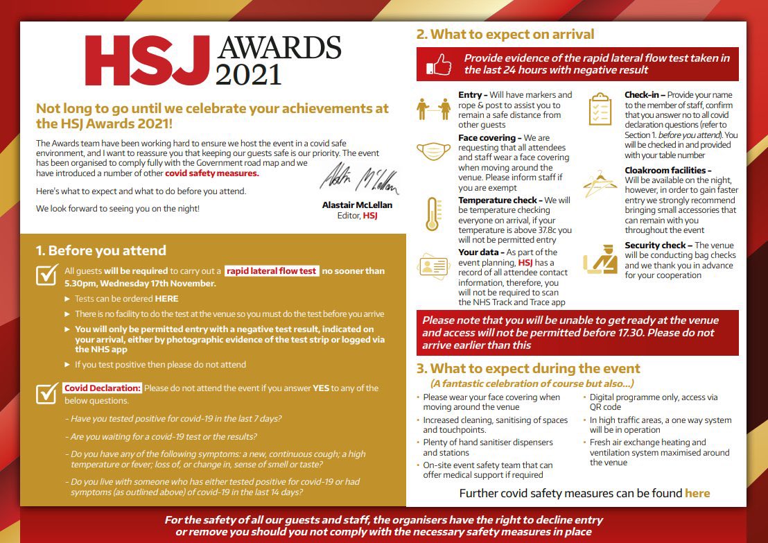 Tonight’s the night of the <a href="/HSJ_Awards/">HSJ Awards</a>!
We are looking forward to welcoming our finalists, partners and judges in London. 

Our official hashtag is #HSJawards, please use that so we can all see your posts and teams supporting each other!

Coming tonight? pls see this 👇🏼