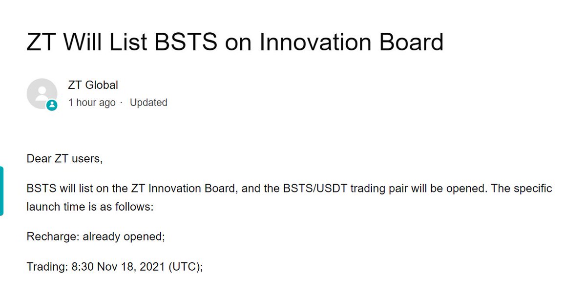 It seems that ZT Global exchange will list our token and it is for free..... We have never contacted them and we have no clue about that. Right now we are in the middle of negotiations with other exchange. Well, it's free😅

#BSTS #BNB #BTC #Binance #BinanceSmartChain