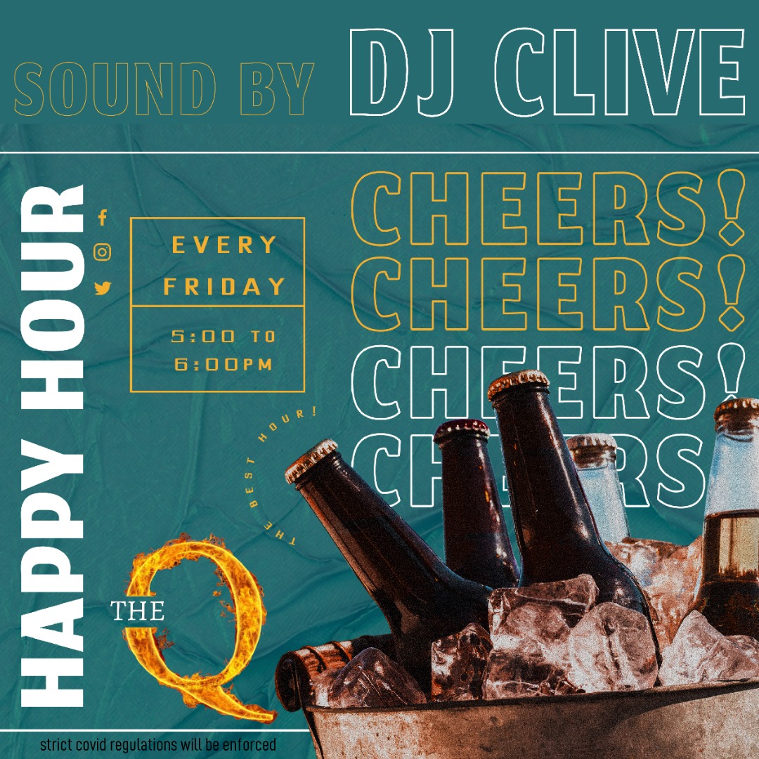 The_Q_Bar's tweet photo. If you really want to be happy, drain glasses without draining your wallets.��Join us for Happy Hour Fridays, from 5-6pm with sound by @djclive_zw. https://t.co/owwFLRjseY