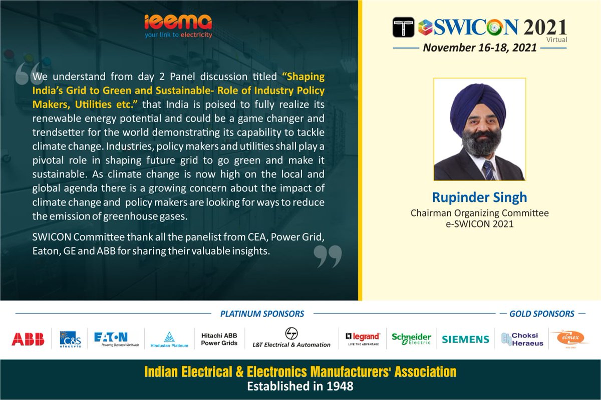 IEEMA_Official's tweet photo. #Swicon committee thank all the panelists from @CEA_India, @pgcilindia , @eatoncorp , @generalelectric &amp; @ABBIndia for sharing their valuable insights at #Swicon2021. https://t.co/WRTTB4aIrX