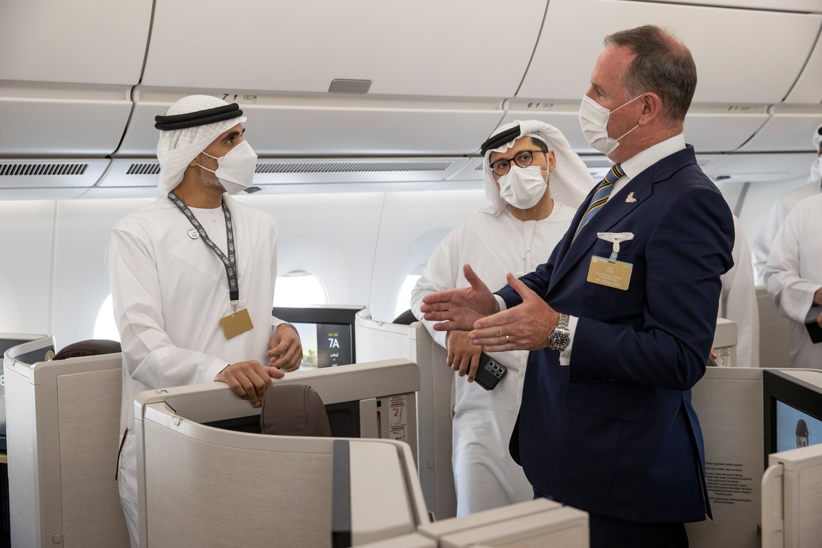etihad's tweet photo. Honoured to receive a visit from H.H. Sheikh Khalid bin Mohammed bin Zayed Al Nahyan at the @DubaiAirshow. He was greeted by our Chairman, HE Mohammed Ali Al Shorafa and GCEO, Tony Douglas on board Etihad's ‘Sustainability50’ A350 aircraft on display at the show. #DAS2021 #Etihad https://t.co/SNElZH3sbG