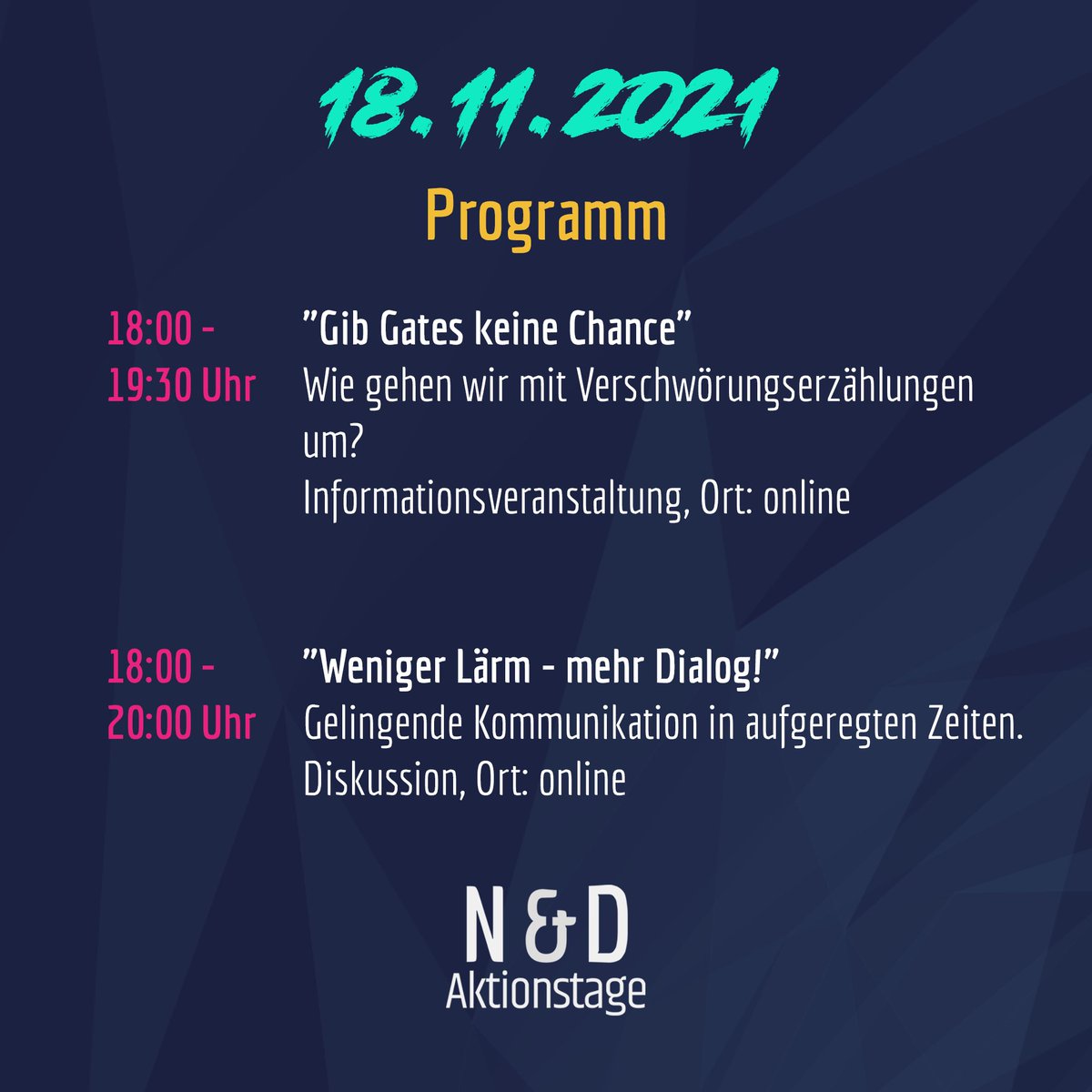 📎 Genaue Infos zum heutigen Programm und allen Veranstaltungen findet ihr wie immer auf unserer Webseite: netzpolitische-bildung.de/programm2021