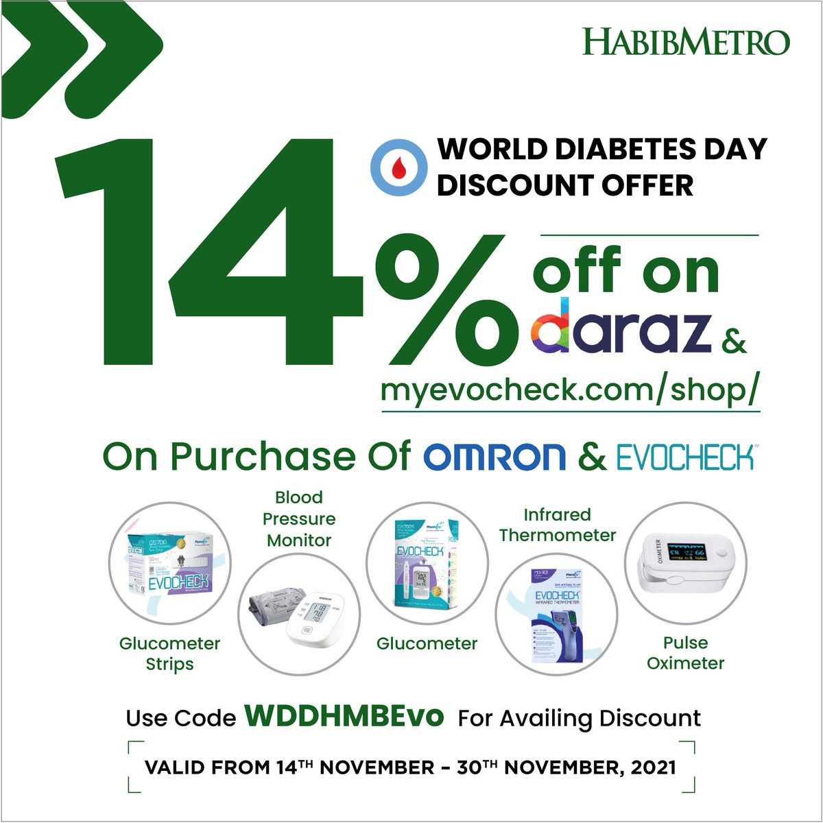 HMBPakistan's tweet photo. Stay Ahead of diabetes by monitoring blood sugar levels regularly! Avail 14% discount on Daraz on the purchase of Omron & Evocheck with our exclusive discount code.
#HABIBMETRO #StayAhead #Omron #evocheck https://t.co/Wg2ceVzsI0