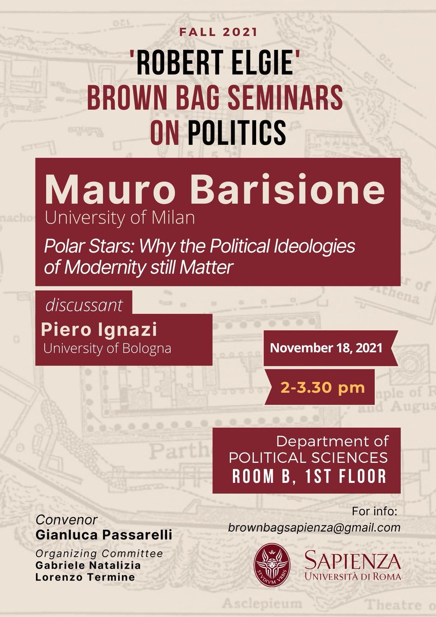 'Robert Elgie' Brown Bag Seminars Sapienza (@bagsapienza) on Twitter photo Today <a href="/m_barisione/">mauro barisione</a> is presenting his book on #Political #Ideologies of #Modernity and P.Ignazi (<a href="/Unibo/">Università di Bologna</a>) is discussing. See you at 2 pm in Room B @scpolitichesap or Zoom at bit.ly/Fall21BBS (ID: 821 8020 8235).
<a href="/ECPR/">European Consortium for Political Research</a> <a href="/ipsa_aisp/">IPSA</a> <a href="/APSAtweets/">APSA</a> <a href="/europsa/">EPSA</a> <a href="/sisp__/">Società Italiana di Scienza Politica</a> Today <a href="/m_barisione/">mauro barisione</a> is presenting his book on #Political #Ideologies of #Modernity and P.Ignazi (<a href="/Unibo/">Università di Bologna</a>) is discussing. See you at 2 pm in Room B @scpolitichesap or Zoom at bit.ly/Fall21BBS (ID: 821 8020 8235).
<a href="/ECPR/">European Consortium for Political Research</a> <a href="/ipsa_aisp/">IPSA</a> <a href="/APSAtweets/">APSA</a> <a href="/europsa/">EPSA</a> <a href="/sisp__/">Società Italiana di Scienza Politica</a>