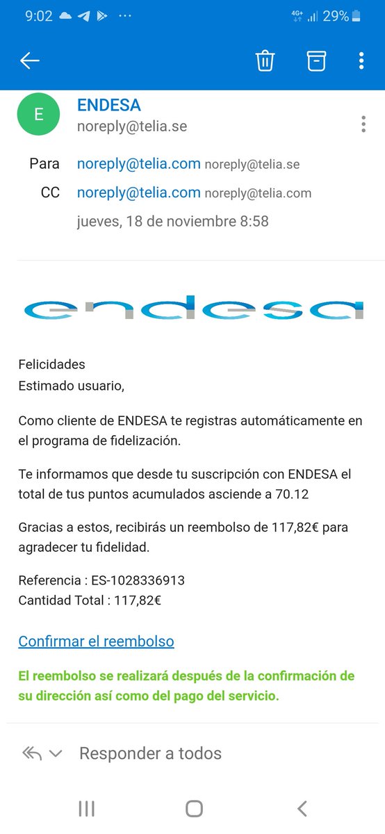 Valme_Saudades's tweet photo. Hola @Endesa !! Me ha llegado este email evidentemente falso, por el remitente y porque no soy cliente vuestra... espero que lo solucioneis, sobretodo por los que puedan ser estafados por este tipo de correos!! https://t.co/pO4G8Mrp8U