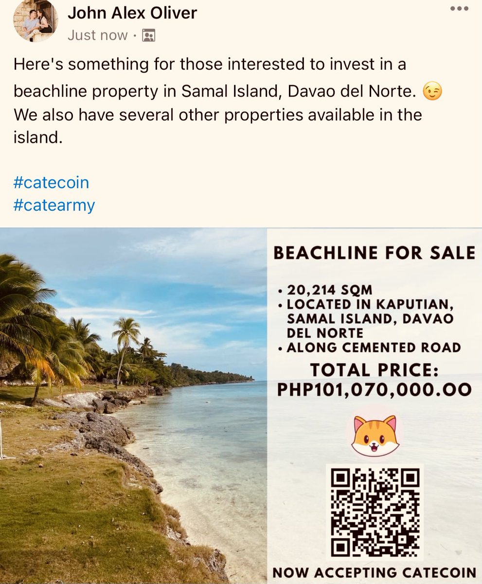 Trader4lyf's tweet photo. Want to buy a beach lot on Samal Island, a white sand beach oasis south of Manila? 

Now accepting #catecoins 👇👇👇

#catecoin 
#CateArmy 
#TAParmy 
#nextshiba
#100xgem
#memecoin https://t.co/BsRHkWfDEF