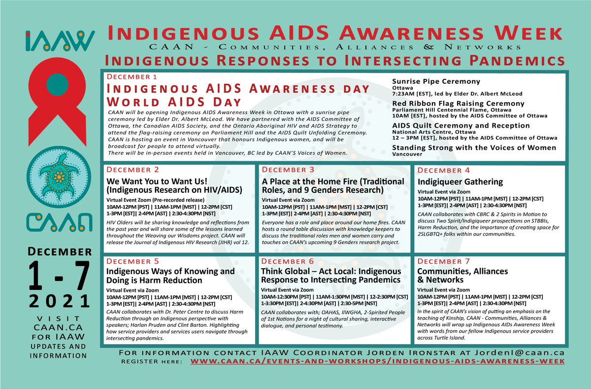 CAAN_Official's tweet photo. Check out our #IAAW2021 schedule of #CAANEvents Visit https://t.co/OXoGbVWACw for this PDF poster &amp; for our most recent info about Indigenous AIDS Awareness Week 2021 #IndigenousResponses #IntersectingPandemics  #WorldAIDSDay #IndigenousAIDSAwarenessDay #HIVAwareness #AIDS https://t.co/089T5RcGgQ
