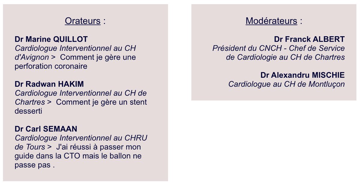 PresidentCNCH's tweet photo. Les WEBINARS du CNCH
🔻Tips and Tricks  en Cardiologie Interventionnelle

Ce soir à 19h

https://t.co/sLe0TZMdQ5

Orateurs :
Docteur Radwan hakim
Docteur Carl Semaan
Docteur Marine Quillot

Modérateurs :
Docteur @FranckAlbert101 
Docteur @ALEX_MISCHIE https://t.co/WJ72Z1kIHO