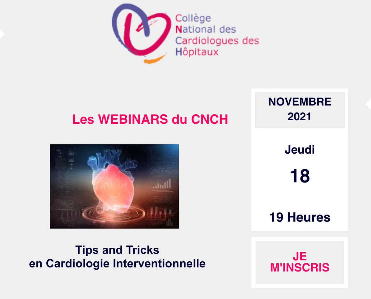 PresidentCNCH's tweet photo. Les WEBINARS du CNCH
🔻Tips and Tricks  en Cardiologie Interventionnelle

Ce soir à 19h

https://t.co/sLe0TZMdQ5

Orateurs :
Docteur Radwan hakim
Docteur Carl Semaan
Docteur Marine Quillot

Modérateurs :
Docteur @FranckAlbert101 
Docteur @ALEX_MISCHIE https://t.co/WJ72Z1kIHO