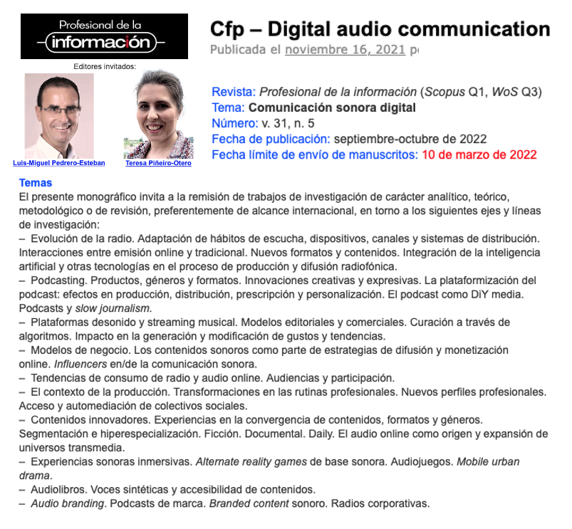 LuismiPedrero's tweet photo. La @revista_EPI abre un monográfico sobre “Comunicación sonora digital” para analizar el presente y futuro de #audio, #radio, #podcast y otras especies sonoras. Editores invitados: @TeresaPineiro @UDC_gal y @luismipedrero @Nebrija
🗓️ Plazo: 10/03/2022
🔗 https://t.co/XJllRpxHR2 https://t.co/l5wAf0zw1D