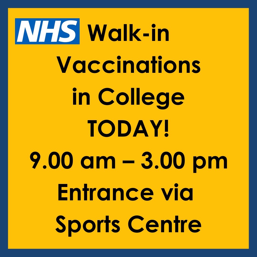 JCSFCollege's tweet photo. Walk in Covid-19 vaccinations are available for JCC students & staff today. Find our health team & the NHS clinic by the Sports Centre. No appointment required. #enjoycollege #safeenvironment #keepsafe #preventthespread #JCSFC https://t.co/B4ePVv8yJk
