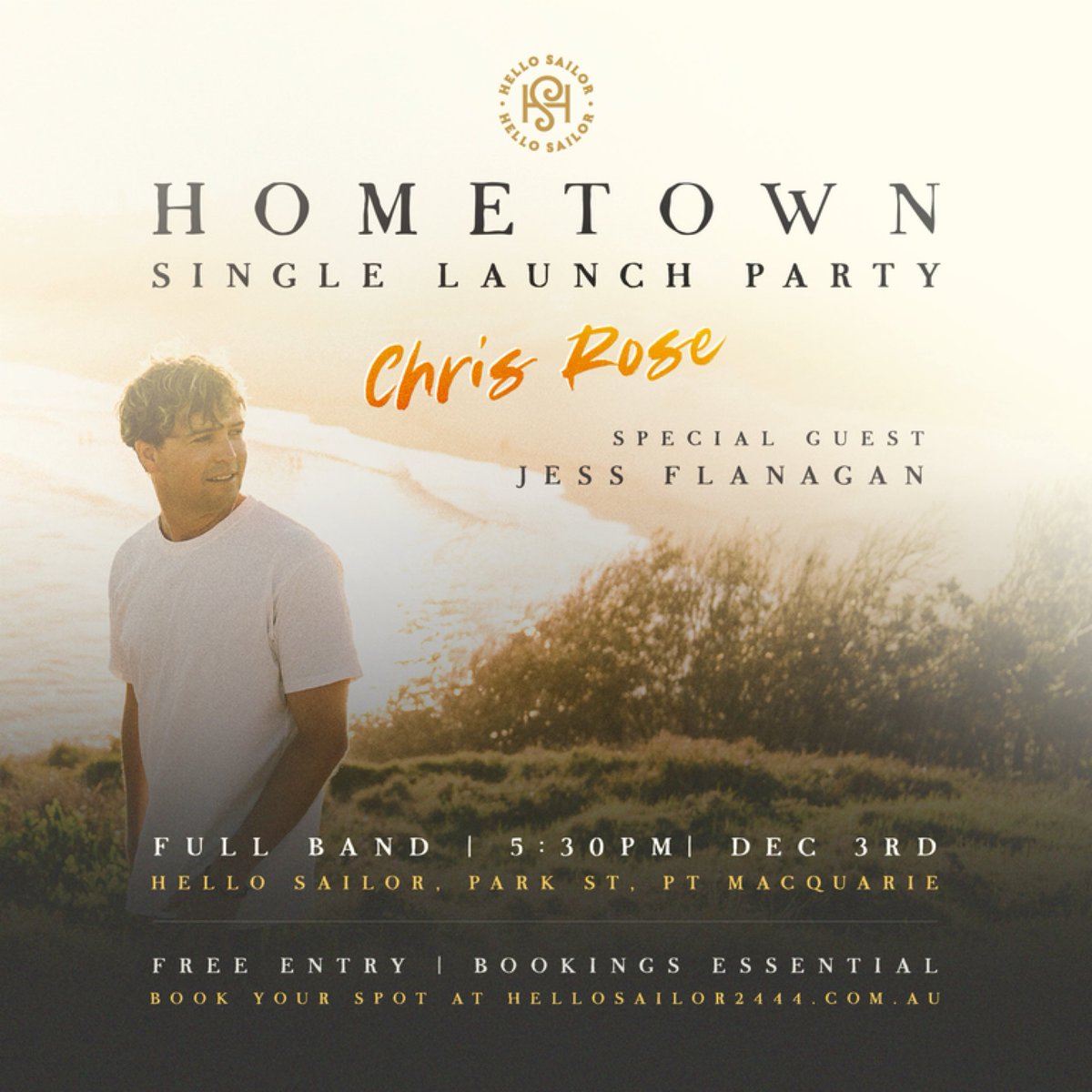 ChrisRoseSinger's tweet photo. Can’t think of a better way to celebrate the release of Hometown, than a full band launch party at Hello Sailor, Port Macquarie! 

Friday 3rd Dec, from 5:30pm. Bookings essential 🙌🎉🎶 https://t.co/SNFmRjfibg