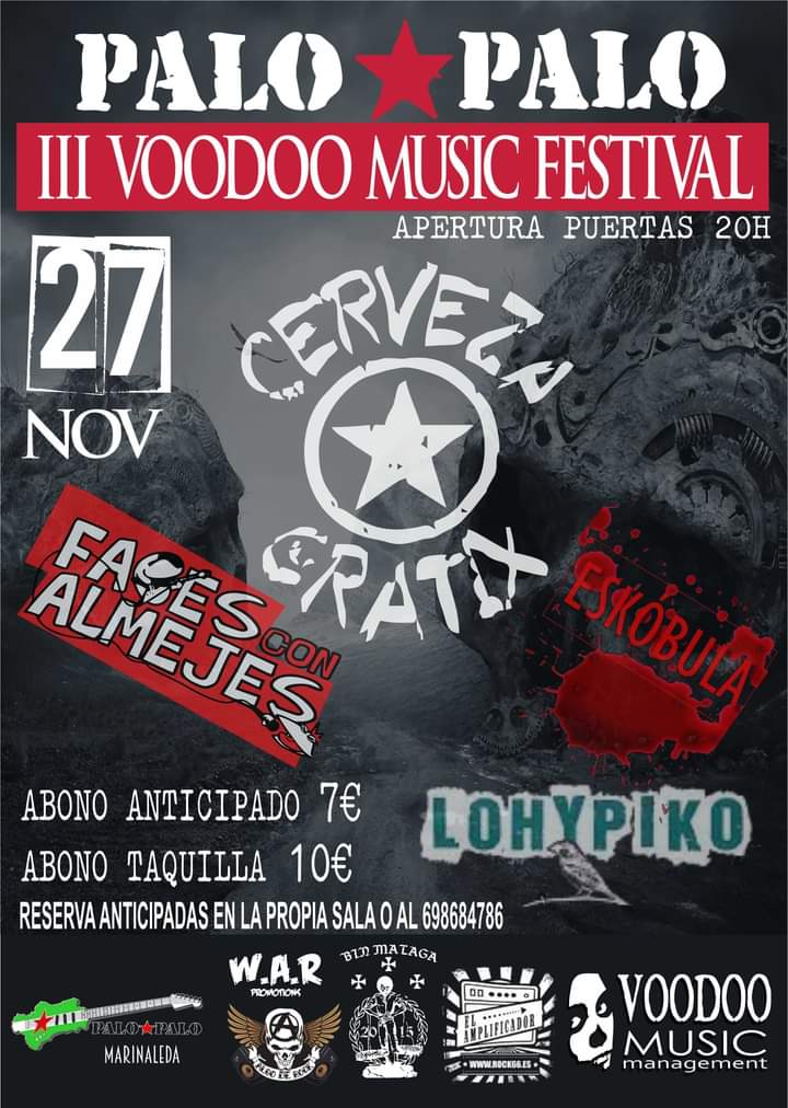 La mítica <a href="/salapalopalo/">Sala Palo Palo</a> de Marinaleda acogerá el próximo 25 de Noviembre el III Voodoo Música Festival!! Nos acompañan <a href="/LosFabes/">Fabes Con Almejes</a> <a href="/eskobula/">ESKÓBULA</a> y @lohypiko organiza Voodoo Music Management!!!