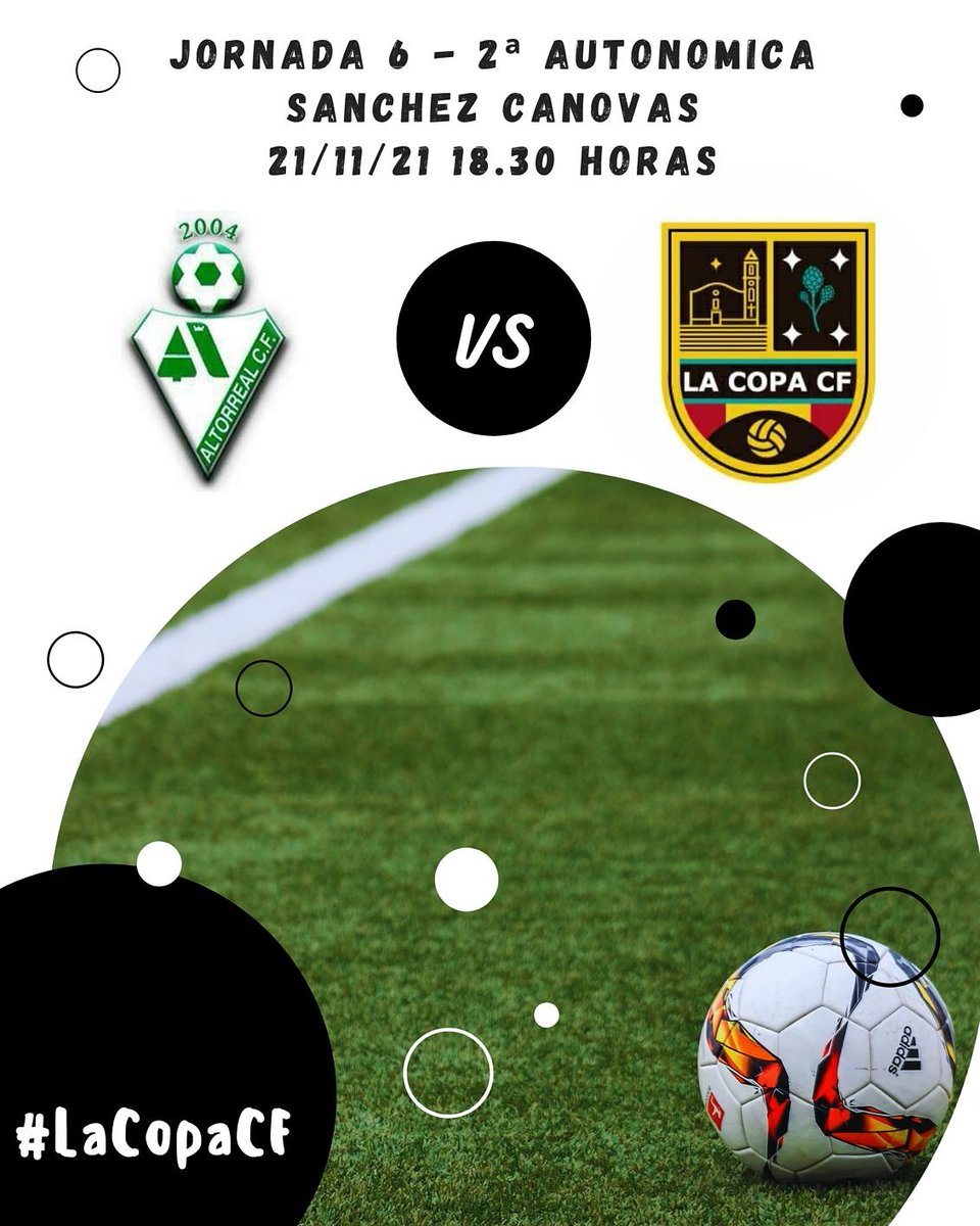 El próximo domingo día 21 de noviembre, nuestro equipo se va a Molina de Segura para jugar contra Altorreal C.F.

¡Vamos a luchar por esos 3 puntos!

◾Estadio Sánchez Cánovas, a las 18:30 h.
.
.
. 
#temporada2122
#LaCopaCF