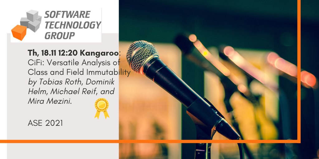 You attend #ASE2021 and want to know more about immutability for static analyses or simply want to see a distinguished paper award presentation 🏆, we have you covered:
<a href="/roterEmil/">Tobias Roth</a> will present today at 12:20 GMT+1 at Kangaroo our paper CiFi.

cc <a href="/ReifMi/">Michael Reif</a> @m_mezini
