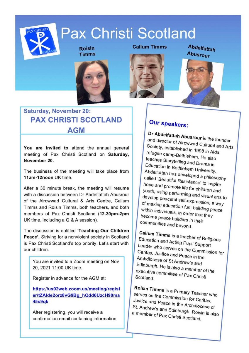 #Peace On Saturday we’re privileged that Dr Abdelfattah Abusrour joins an expert panel to discuss teaching our children peace.
Join us by registering at:
us02web.zoom.us/meeting/regist… Our children are our future. @VaticanIHD @PaxChristiYouth @BishopsScotland @PaxChristi @SrKatrinaCSJP