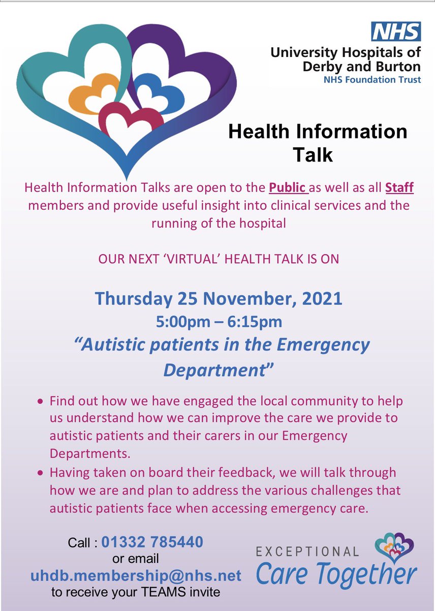 Looking forward to next weeks Health Talk at UHDB by Dr Jemma Craddock on Autistic patient in the Emergency Department. Places still available, see the flyer attached re the Teams link. <a href="/UHDBTrust/">University Hospitals of Derby and Burton NHS FT</a>