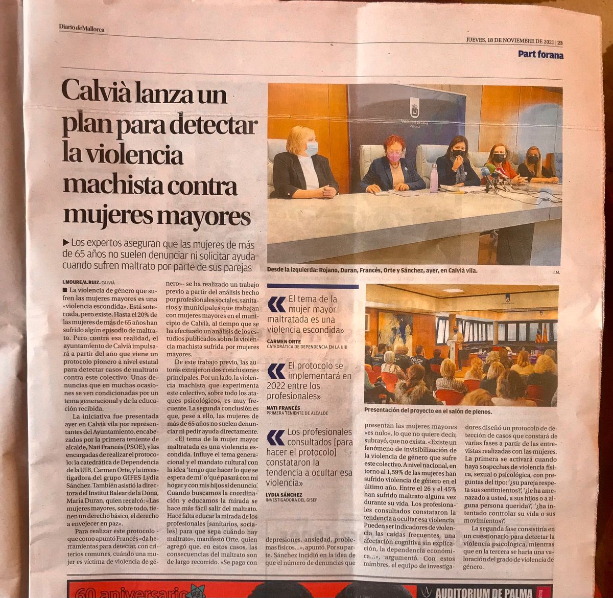 COrteSocias's tweet photo. Compartimos la información recogida por @DM_Directo a propósito de la presentación del #protocolo #deteccionmaltrato #mujermayor del @_Calvia en colaboración con @IB_Dona @GIFES_Uib https://t.co/L2eOeBCCGp