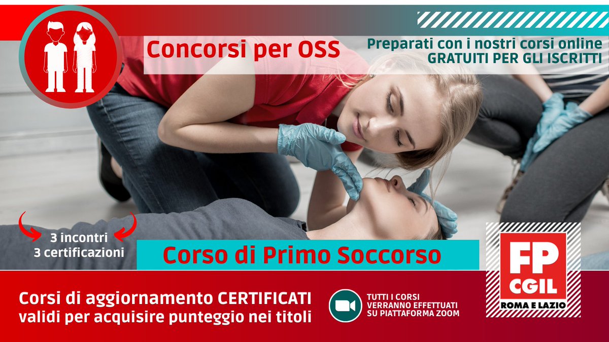 fpcgilromalazio's tweet photo. Concorsi per OSS, in arrivo un nuovo pacchetto di corsi di aggiornamento certificati da Proteo sul Primo Soccorso: 3 incontri produrranno 3 certificazioni.
Come sempre i corsi sono GRATUITI per gli iscritti #Cgil.
➡️ Tutti i dettagli qui: https://t.co/gx6IybzOGh

#FuturoPubblico https://t.co/8KBntMF4QE