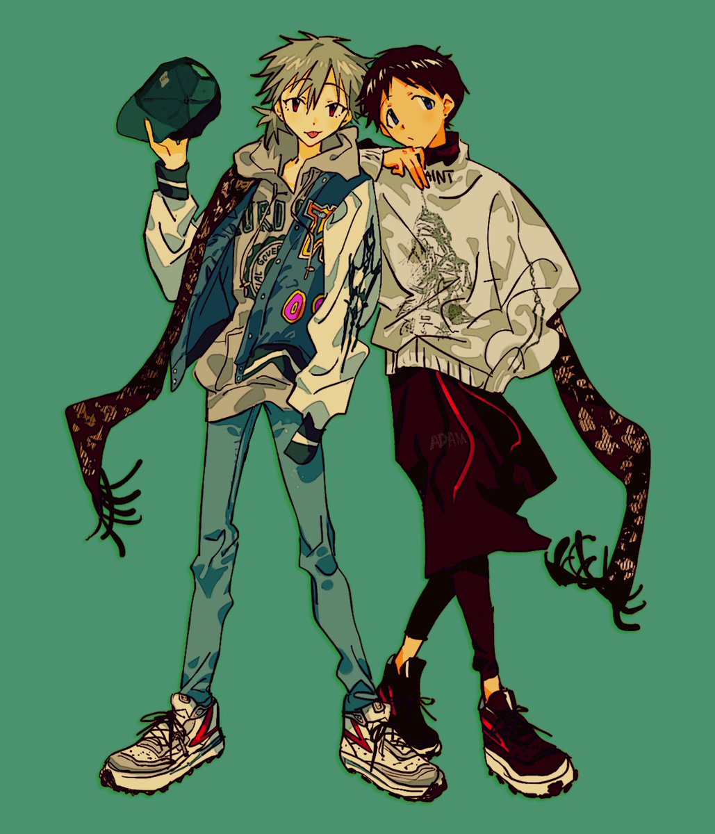 ikari shinji ,nagisa kaworu 2boys multiple boys male focus pants green background hat grey hair  illustration images