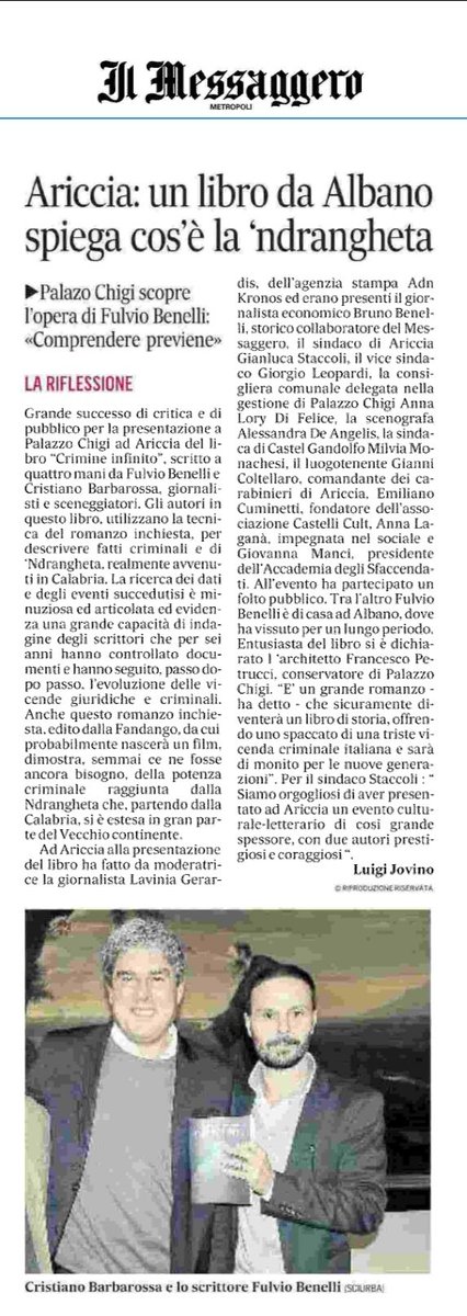 FandangoLibri's tweet photo. “Un grande romanzo che sicuramente diventerà un libro di storia”.

Si parla di @CrimineInfinito su @ilmessaggeroit. https://t.co/v4QNTaZg3L