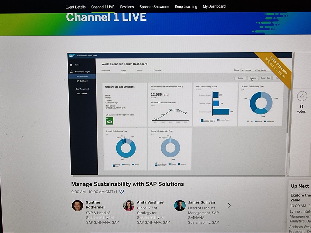 ☀️Morning starts with #SAPTechEd. 
I am attending the manage sustainability with SAP solutions. 
Extremely interesting demo on #SAP's solution and how it applies the #WEF
Framework. 
Spoiler alert: it is all about data!