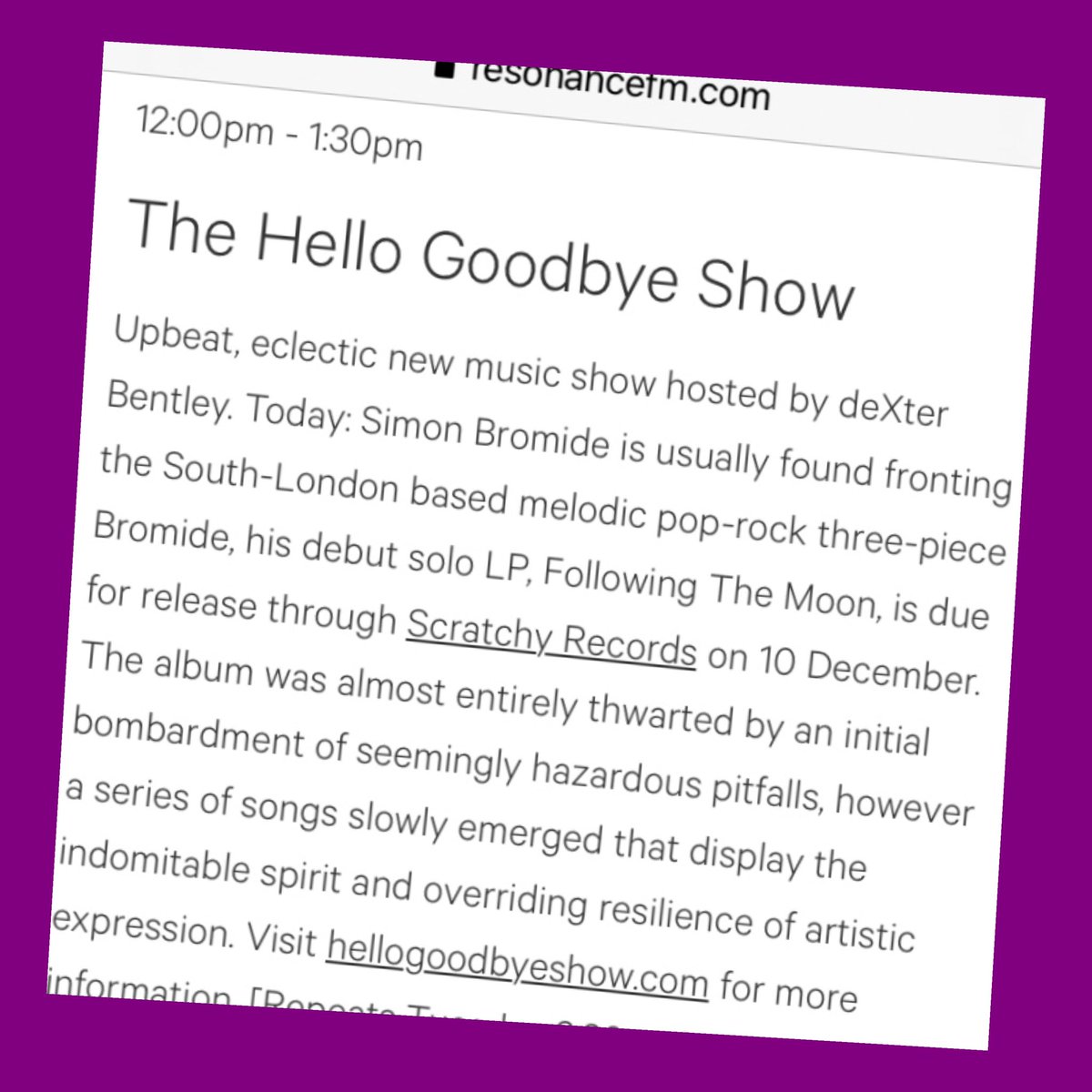 deXterBentley's tweet photo. Midday - 1.30pm Sat 20th Nov #hellogoodbyeshow #resonancefm #dexterbentley Sp. ft: Simon Bromide #simonbromide Live session archive: Ice Baths #icebaths On the playlist: #soniceyes #nowtheband #passiveclouds #thereverse #spork #thevolunteered #theteardropexplodes https://t.co/ccdPXrSfmu