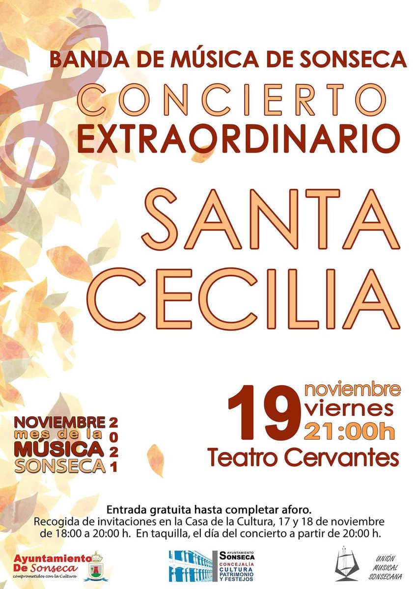 BSonseca's tweet photo. 🕍Teatro Cervantes
🗓19 de noviembre
⏰21:00 horas

Entrada gratuita hasta completar aforo.
🎟 Recogida de invitaciones en la Casa de la Cultura los días 17 y 18 de noviembre de 18:00 a 20:00 horas.
🎟 En taquilla, el día del concierto a partir de las 20:00 horas.
#SantaCecilia https://t.co/uF58i4mxCZ