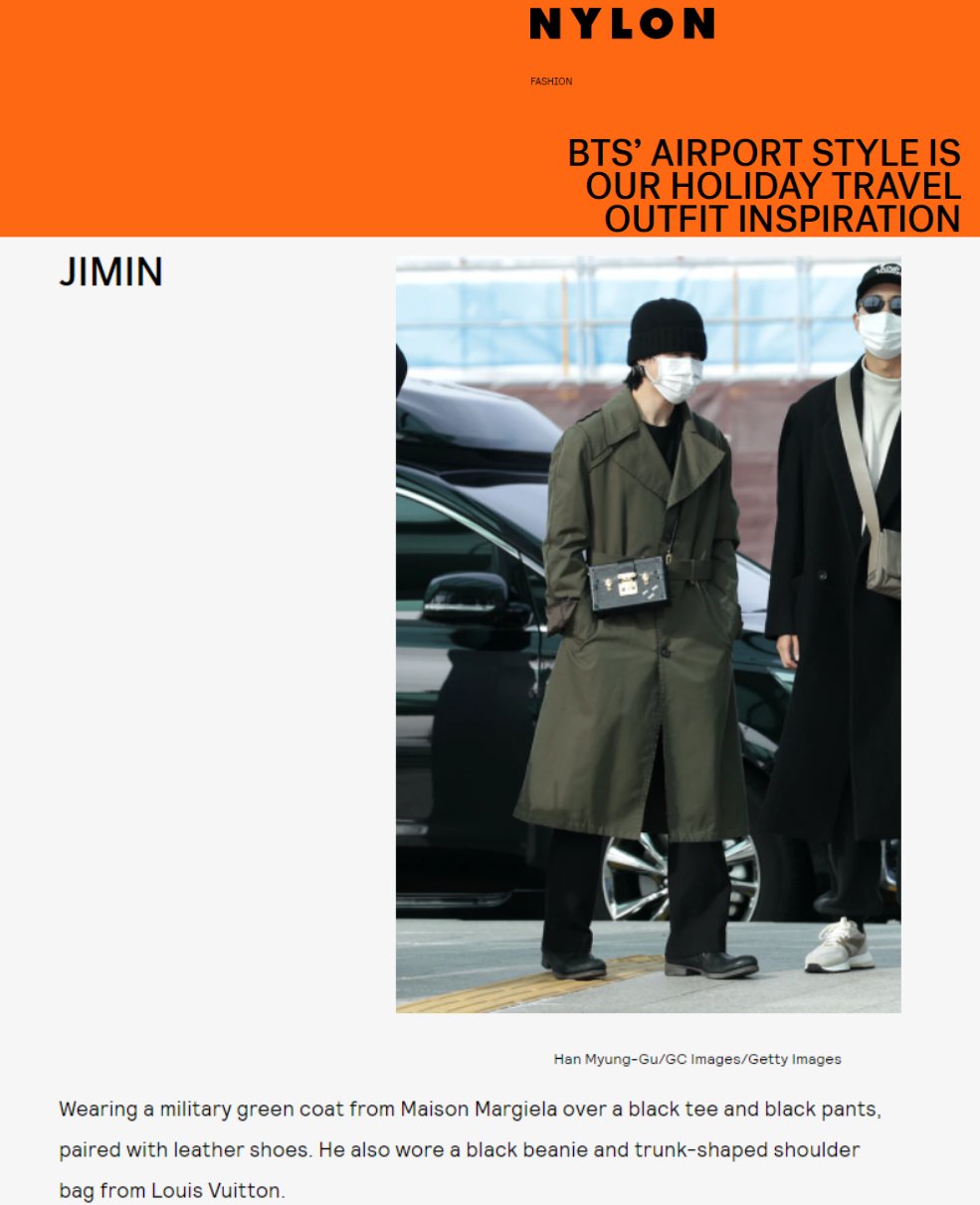 JIMIN DATA on X: American lifestyle and entertainment magazine Nylon  discussed the latest airport fashion worn by Jimin and BTS. Nylon praised  the choice of 'power coats', with Jimin wearing a military