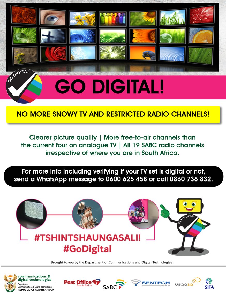 For clear picture quality and more TV and Radio content, register for your free Government subsidized Decoder today at a <a href="/PostofficeSa/">SA Post Office</a> near you. #godigital #Tshintsha Ungasali 
<a href="/SABCPortal/">SABC</a> <a href="/CommsZA/">Dept of Communications & Digital Technologies</a> <a href="/SentechLtd/">Sentech Soc Ltd</a> <a href="/sitasocltd/">SITA SOC Ltd</a>