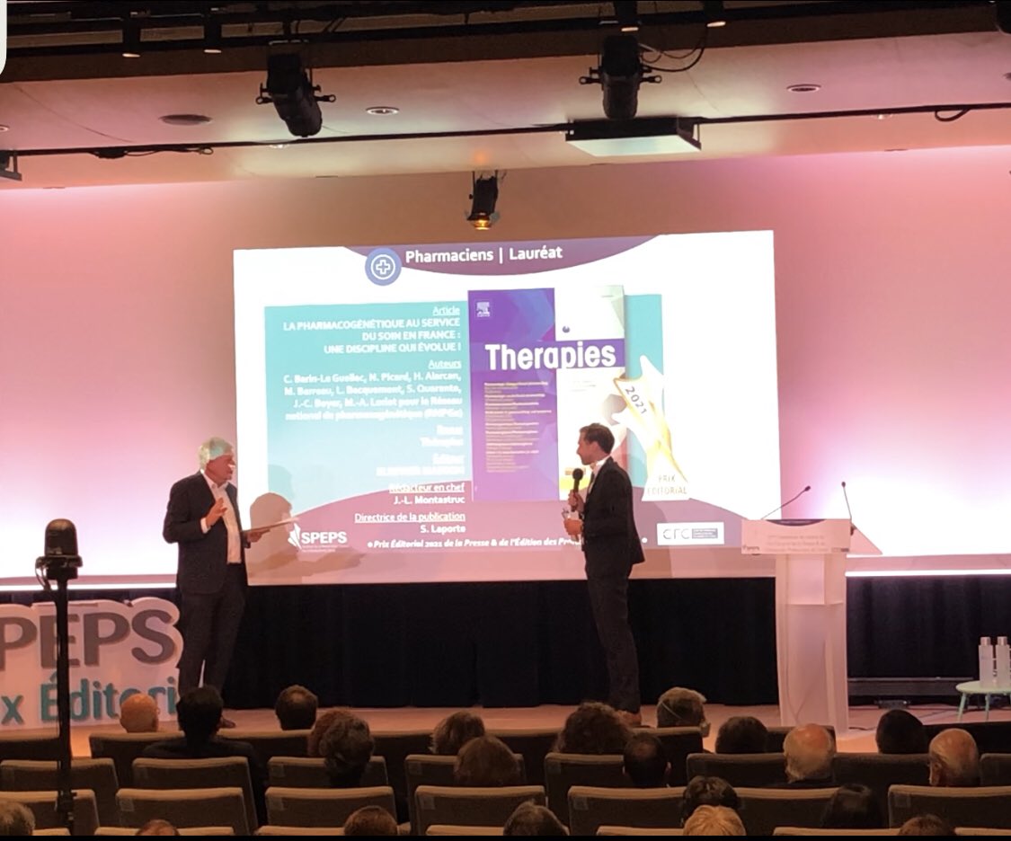 rnpgx's tweet image. La publication des travaux du #RNPGx dans la revue @THERAPIES_SFPT récompensée par un prix éditorial @speps_fr