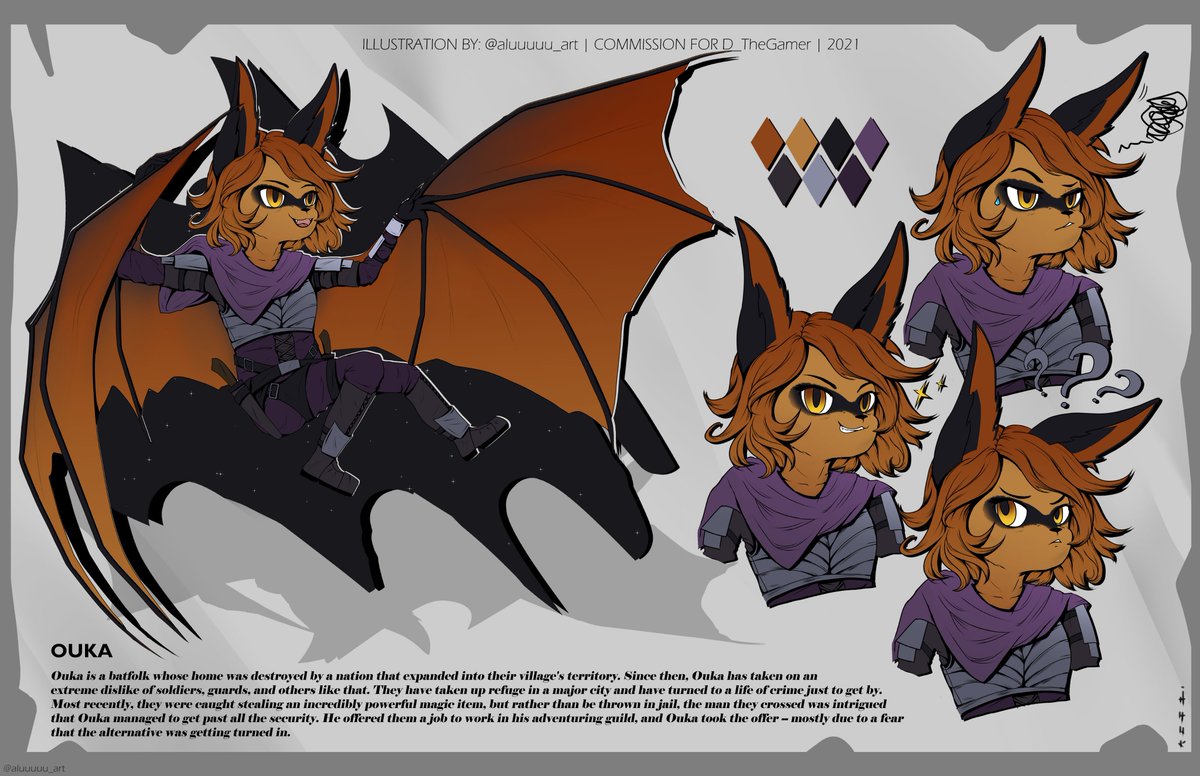aluuuuu_art's tweet photo. Character Reference Sheet Commission for D_TheGamer
Thanks so much again for trusting me to draw them for you! 🦇

Ouka is a rogue batfolk based from a golden-crowned fox bat.
#commission #dnd #batfolk #originalcharacter #dungeonsanddragons https://t.co/eRhTtMdHee