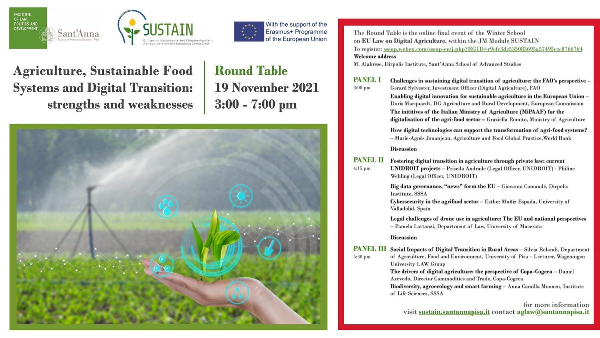 SantAnnaPisa's tweet photo. #SaveTheDate #Digital #Agricolture
🚜 Strengths and weaknesses of digital transition for sustainable food systems are at the centre of the international Round Table that will be held online on Friday 19 November, from 3:00 to 7:00 pm. 
✍🏼 To register ⬇️ 
https://t.co/GhojnCtTNm https://t.co/0xxSHsTWNr