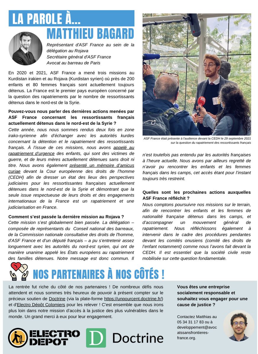 LudovicRiviere_'s tweet photo. @bagardmatthieu, Secretaire Général d’@ASFFrance au sujet de la dernière mission menée  dans le NE syrien avec @CNBarreaux et @CNCDH : les autorités de l’AANES « ont de manière unanime appelé les Etats européens au rapatriement des familles détenues »
👉🏻 https://t.co/n1voqjB1B7 https://t.co/pwSEzoOYZ9