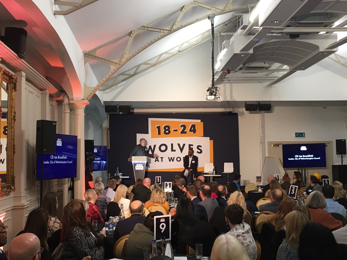 WolvesCouncil's tweet photo. Council Leader, Cllr Ian Brookfield, is speaking at City Summit: Tackling Youth Unemployment Together, at Grand Station, where Wolverhampton businesses and young people have come together to start finding solutions to the problem of high unemployment. #wolvesatwork18-24 https://t.co/OWkU68lrYk