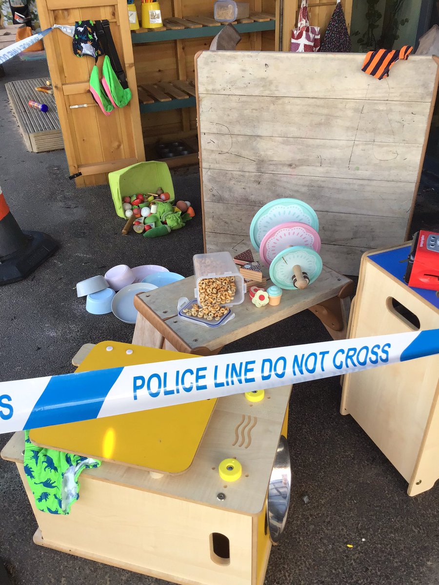 Mackie2Nikki's tweet photo. Fantastic crime scene set up in #LittleAcorns this morning @GreenRidgeR2 @reach2trust to promote communication and language. I can’t wait to hear what the children have to say @phoebe_lazarou #earlytalk #chatchatchat #teamearlyyears https://t.co/1KRJl9Pcdu