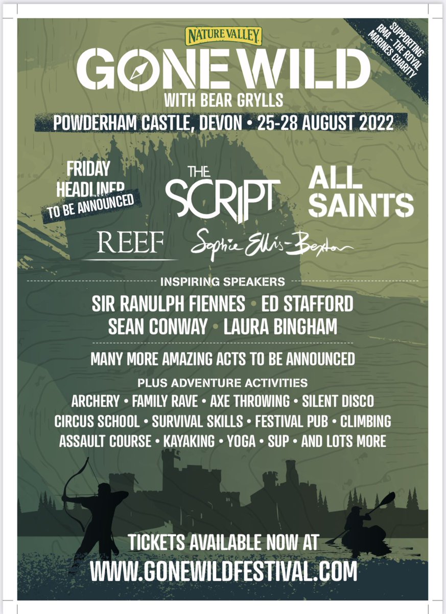 Excited to join the lineup of Gone Wild Festival with Bear Grylls 2022 at Powderham Castle Devon, Aug 25-28.  <a href="/Gonewildfest/">Gone Wild Festival</a> 
Tickets available at: bit.ly/3qjczu0 @beargrylls