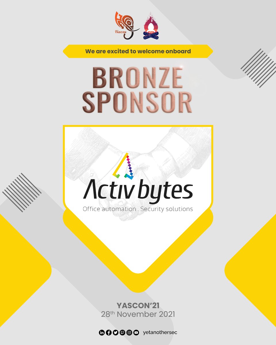 yetanothersec's tweet photo. Privileged to Welcome onboard @ActivBytes  as our Bronze Sponsor for YASCON 2021.

YASCON 2021 will be streamed LIVE on Nov 28, follow the link for free registration: https://t.co/F5kferp99B
#yascon2021 #securityawareness #conference #cybersecurity #yetanothersecurity #infosec https://t.co/pSSj5GBtOL